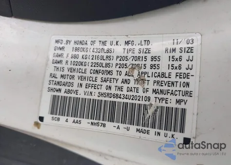 2004 Honda Cr-V Lx z USA, uszkodzony, nr VIN SHSRD68434U202109